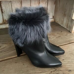 Stuart Weitzman Black Leather Fur-Trimmed Topofit Heeled Boots NWT